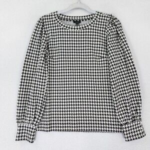 Talbots Shirt Womens Small Black Cream Houndstooth Puff Shoulder Long Sleeve NEW